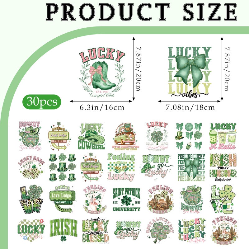 INCOK St Patrick's Day DTF Transfers Ready to Press - 30 Sheets Iron on Transfers for T-Shirts, Lucky Shamrock Iron on Patches for Clothes for Hat Bag Jeans Tablecloth Garden Flag DIY Irish Crafts - Image 4