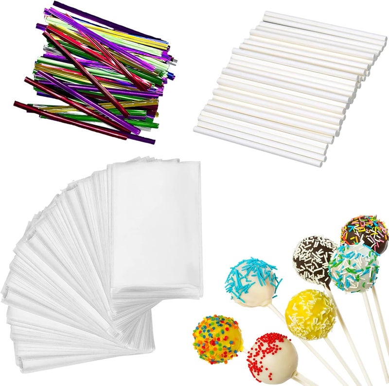 Eiahonen 300 PCS Cake Pop Sticks and Wrappers Kit, Including 100ct 4-inch Papery Lollipop Treat Sticks, 100ct Clear Parcel Bags, 100ct Colorful Twist Ties for Cake Pops, Chocolates and Cookies - Image 1