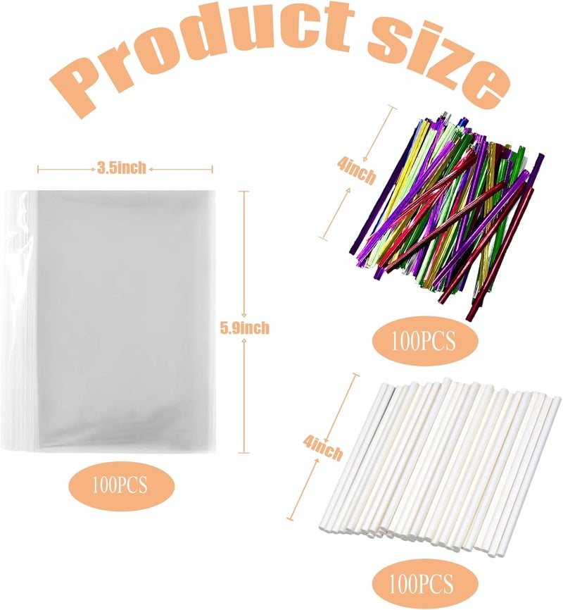 Eiahonen 300 PCS Cake Pop Sticks and Wrappers Kit, Including 100ct 4-inch Papery Lollipop Treat Sticks, 100ct Clear Parcel Bags, 100ct Colorful Twist Ties for Cake Pops, Chocolates and Cookies - Image 2