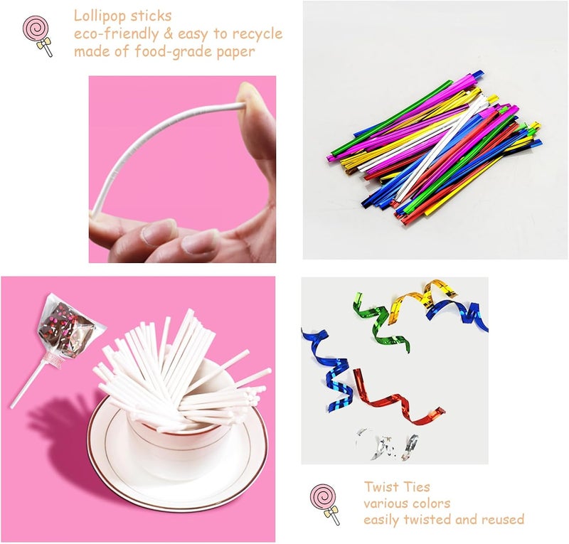 Eiahonen 300 PCS Cake Pop Sticks and Wrappers Kit, Including 100ct 4-inch Papery Lollipop Treat Sticks, 100ct Clear Parcel Bags, 100ct Colorful Twist Ties for Cake Pops, Chocolates and Cookies - Image 4