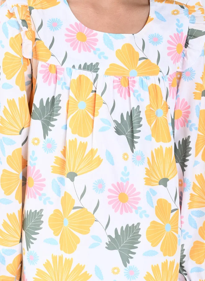 بونكيدز BONKIDS Girls Floral Printed Puff Sleeve Cotton A-Line Dress