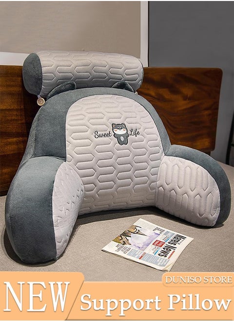Husband Pillow Backrest with Arms Adult Reading Pillow Shredded Memory Foam, Ultra-Comfy Removable Microplush Cover and  Detachable Neck Roll Unmatched Support Bed Rest Sit Up Pillow