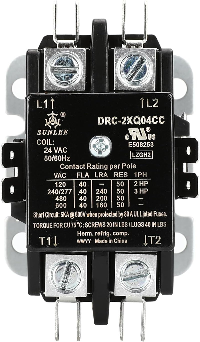 Sunlee 2 Poles FLA 40 Amp Coil 24 VAC Air Conditioner Condenser Compressor Contactor AC Definite Purpose Contactor Universal Fit UL Recognized A2L Compliant - Image 5