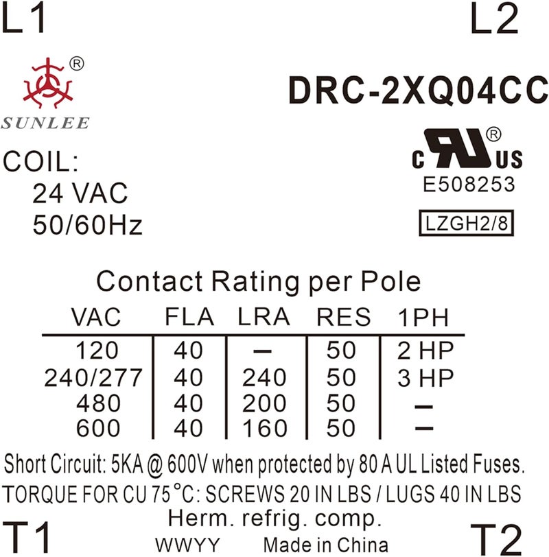 Sunlee 2 Poles FLA 40 Amp Coil 24 VAC Air Conditioner Condenser Compressor Contactor AC Definite Purpose Contactor Universal Fit UL Recognized A2L Compliant - Image 4