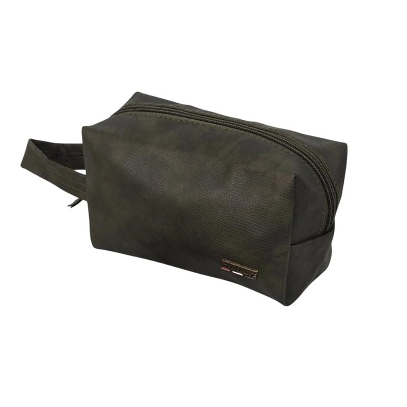 Force Unisex Leather Toiletry & Accessory Travel Bag (Dark Olive) - FCM-001 - Compact Travel Organizer Pouch with Sturdy Side Handle