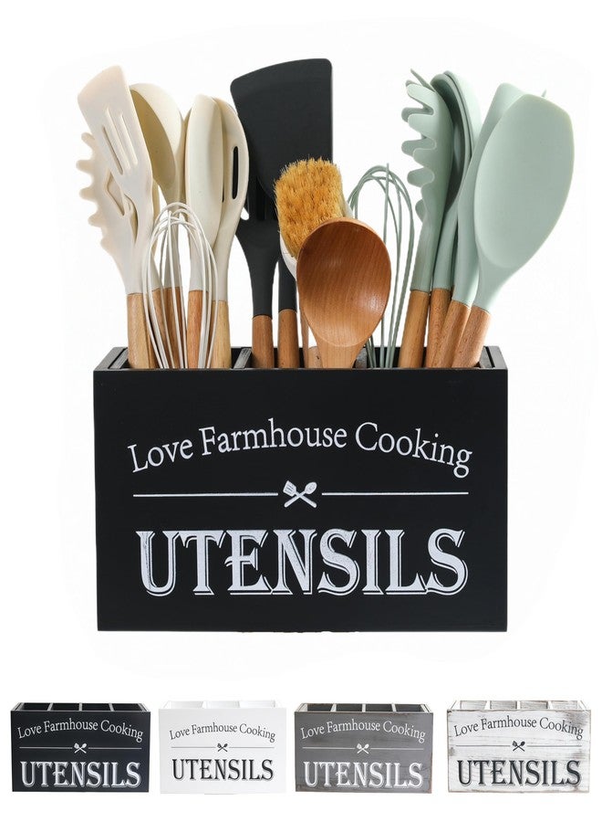 LIBODOUR Utensil Holder, Kitchen Utensil Holder For Kitchen Counter,Large Cooking Spatula Organizer,Farmhouse Wooden Big Storage With 3 Compartments Rustic Flatware Spoon Tool Organizer （Black） - Image 1