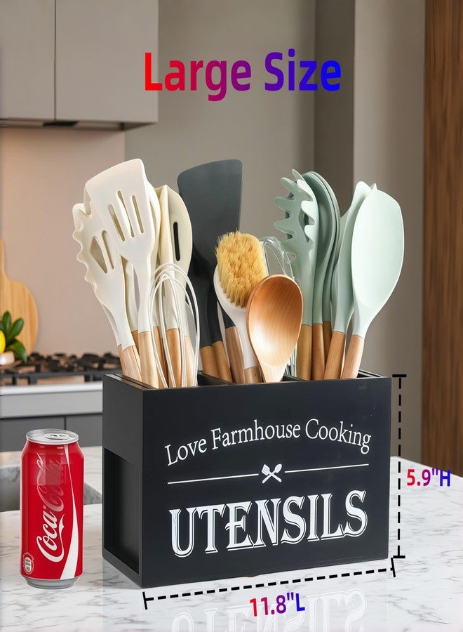 LIBODOUR Utensil Holder, Kitchen Utensil Holder For Kitchen Counter,Large Cooking Spatula Organizer,Farmhouse Wooden Big Storage With 3 Compartments Rustic Flatware Spoon Tool Organizer （Black） - Image 3