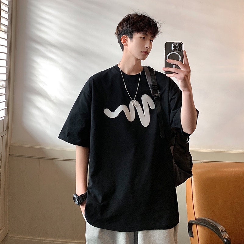 High-end white line print short-sleeved T-shirt men's summer plus size 150kg trendy loose couple cotton top - Image 1