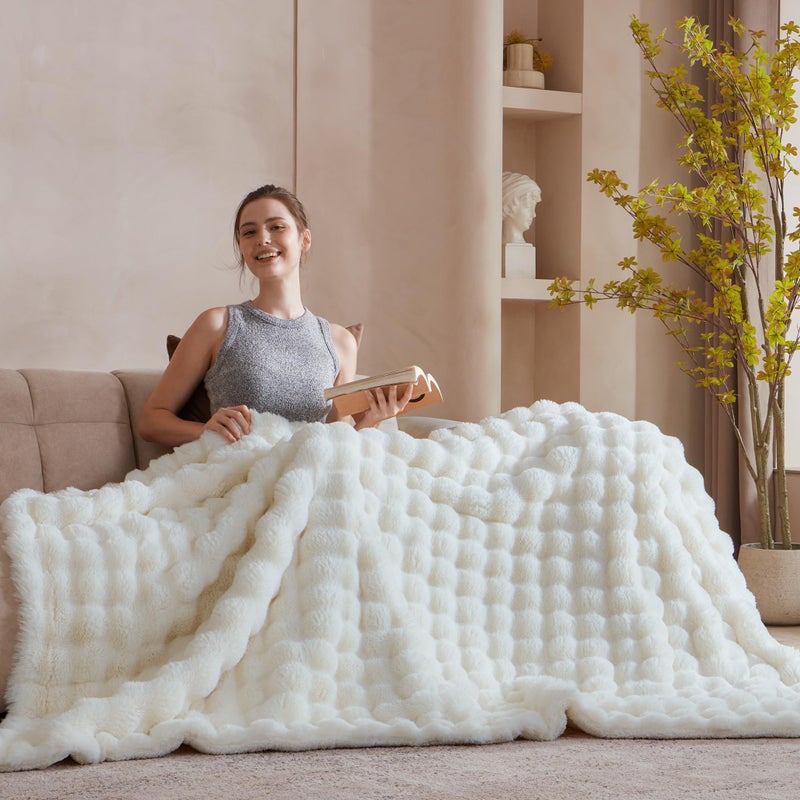 Serenhom 50x60 Inches Ultra-Soft Fuzzy Faux Fur Plush Throw Blanket - Thick  Warm Sherpa for Couch  Sofa  Bedroom  Camping - Decorative Blanket for Cozy Warmth  Bubble Ivory White - Image 3