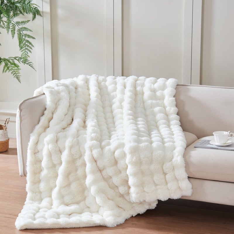 Serenhom 50x60 Inches Ultra-Soft Fuzzy Faux Fur Plush Throw Blanket - Thick  Warm Sherpa for Couch  Sofa  Bedroom  Camping - Decorative Blanket for Cozy Warmth  Bubble Ivory White - Image 2