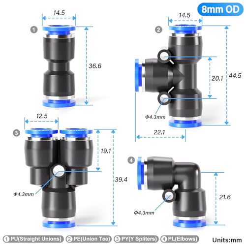 TAILONZ PNEUMATIC 5/16 inch or 8mm od Push to Connect Fittings Pneumatic Fittings Kit 10 Spliters+10 Elbows+10 tee+10 Straight (40 pcs) - Image 2
