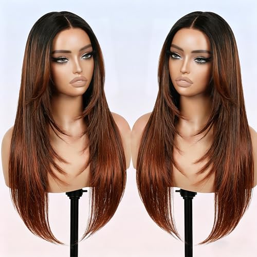 NOSTALGIA Brown Highlight Wear and Go Glueless Wigs Pre Plucked Pre Cut for Beginners Synthetic Lace Front Wigs For Woman Long layered Straight 26 Inch Brown Highlights 3 Seconds to Wear - Image 1
