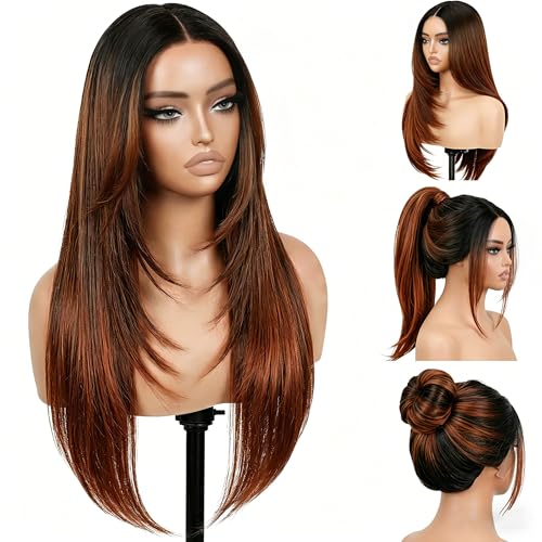 NOSTALGIA Brown Highlight Wear and Go Glueless Wigs Pre Plucked Pre Cut for Beginners Synthetic Lace Front Wigs For Woman Long layered Straight 26 Inch Brown Highlights 3 Seconds to Wear - Image 3