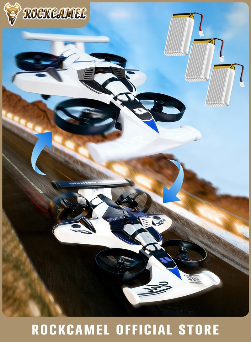 ROCKCAMEL سيارة طائرة بدون طيار تعمل بالتحكم عن بعد 2 في 1، قابلة لإعادة الشحن، ثنائية الوضع، 3 سرعات قابلة للتعديل، سيارات انزلاق عالية السرعة بزاوية 360 درجة مع جهاز تحكم عن بعد، مؤثرات LED للحركات البهلوانية، مجموعة من 3 بطاريات (أبيض) - Image 1