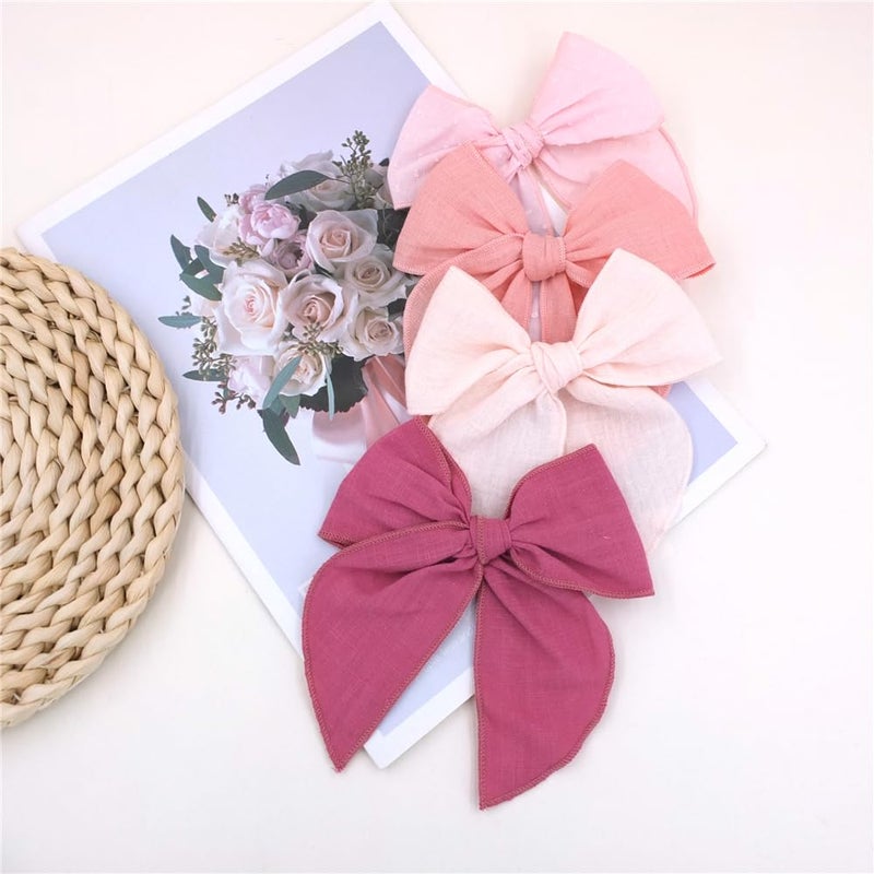 Sugarmelon Pack of 4 Gorgeous Fable Bow Hair Clips for Girls Women Linen Hair Bow Alligator Clips Toddler Baby Mom Young Girl Hair Accessories (Pink/Rose) - Image 2