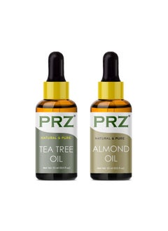 PRZ Combo Of Tea Tree Essential Oil & Cold Pressed Almond Carrier Oil, 100% Pure Natural & Therapeutic Grade Oil For Aromatherapy, Body Massage, Skin Care & Hair Growth (15Ml Each) 