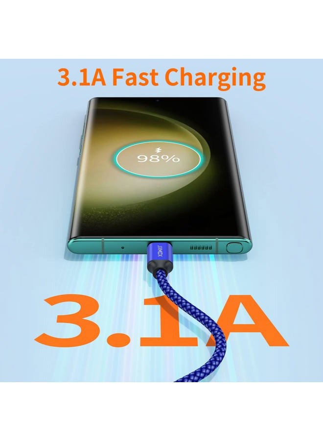 JXMOX كابل USB C قصير (1 قدم 3-pack)، كابل شاحن USB A إلى Type-C 3.1A شحن سريع متوافق مع iPhone 15 16 Pro Max، Samsung Galaxy S22 S21 S20 S10 S9، Note 10، A80 A70 A50، بنك الطاقة (أزرق) - Image 2