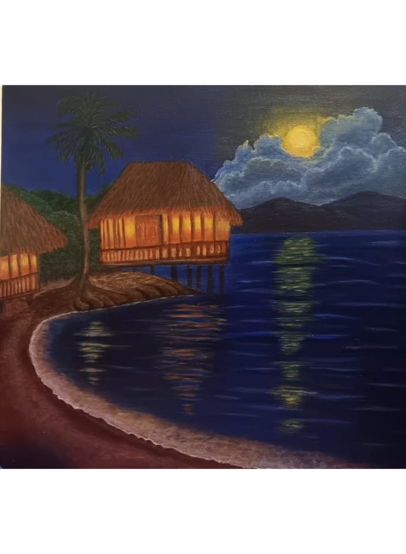 Hand-Painted Tropical Night Landscape Artwork - Beach Huts & Moonlight - Image 1