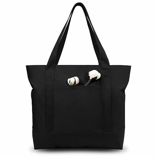 TOPDesign حقائب قماشية قابلة لإعادة الاستخدام من TOPDesign مع جيب خارجي، مجموعة من 3 حقائب للتسوق، إغلاق بسحاب علوي، أساسيات يومية (أسود) - Image 1