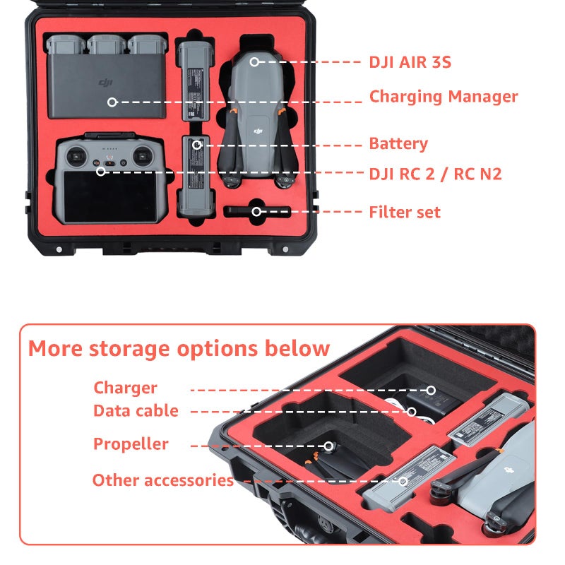 Drogear Waterproof Hard Case for DJI Air 3S Fly More Combo/Air 3 | Fits DJI RC2 / RC-N2 Remote Controller and Accessories | Up to 6 Batteries | Shockproof, Dustproof - Image 2