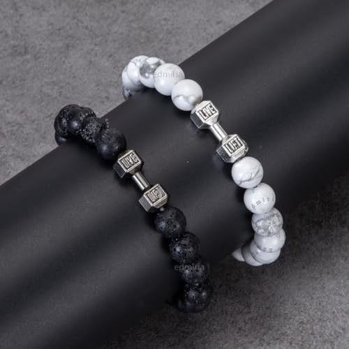EDMIRIA Unisex Adult Couple Distance Dumbbell Relationship Bracelets Black Lava & White Howlite Energy Beads Stone Balance Bracelet Banglet For Lovers (Howlite Silver + Lava Black) - Image 2