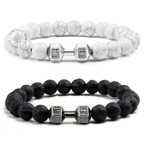 EDMIRIA Unisex Adult Couple Distance Dumbbell Relationship Bracelets Black Lava & White Howlite Energy Beads Stone Balance Bracelet Banglet For Lovers (Howlite Silver + Lava Black) - Image 1