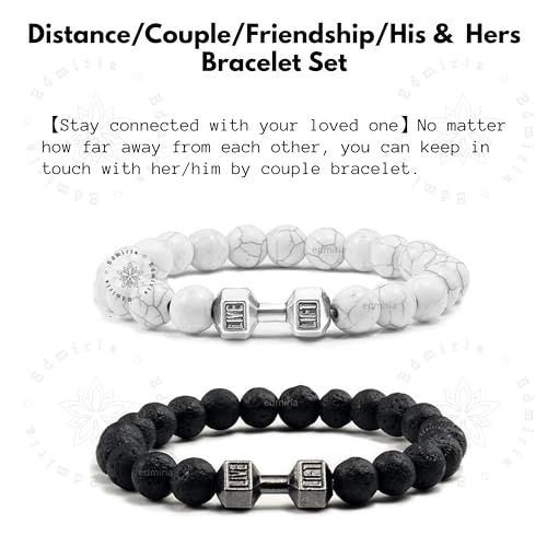 EDMIRIA Unisex Adult Couple Distance Dumbbell Relationship Bracelets Black Lava & White Howlite Energy Beads Stone Balance Bracelet Banglet For Lovers (Howlite Silver + Lava Black) - Image 3