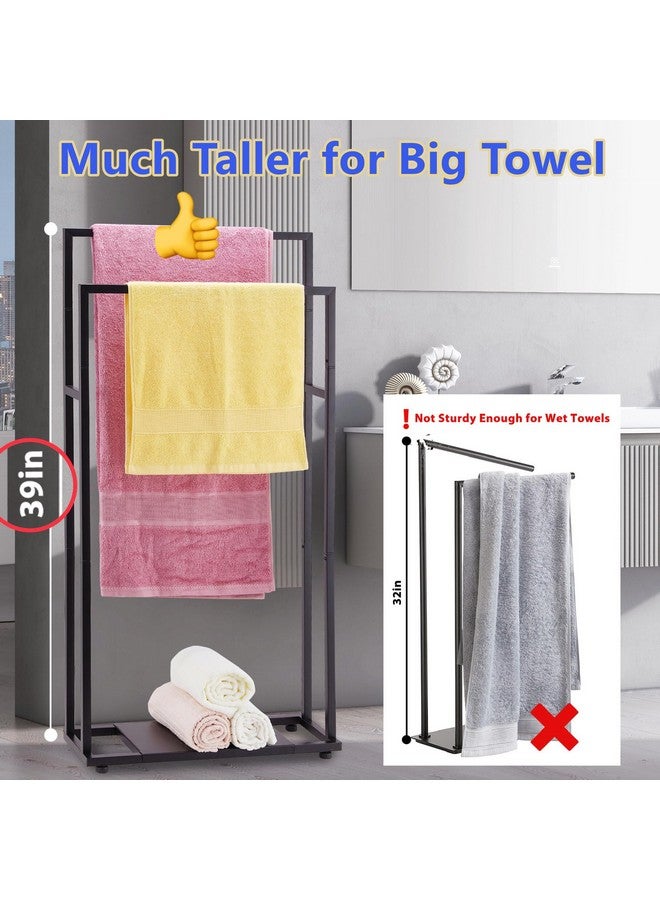 Alhakin Standing Towel Racks for Bathroom, 39'' Tall 2 Tier Bathroom Towel Stand with Storage Shelves, Modern Standing Pool Drying Rack for Outdoor, Black Blanket Holder, ALHAKIN - Image 2