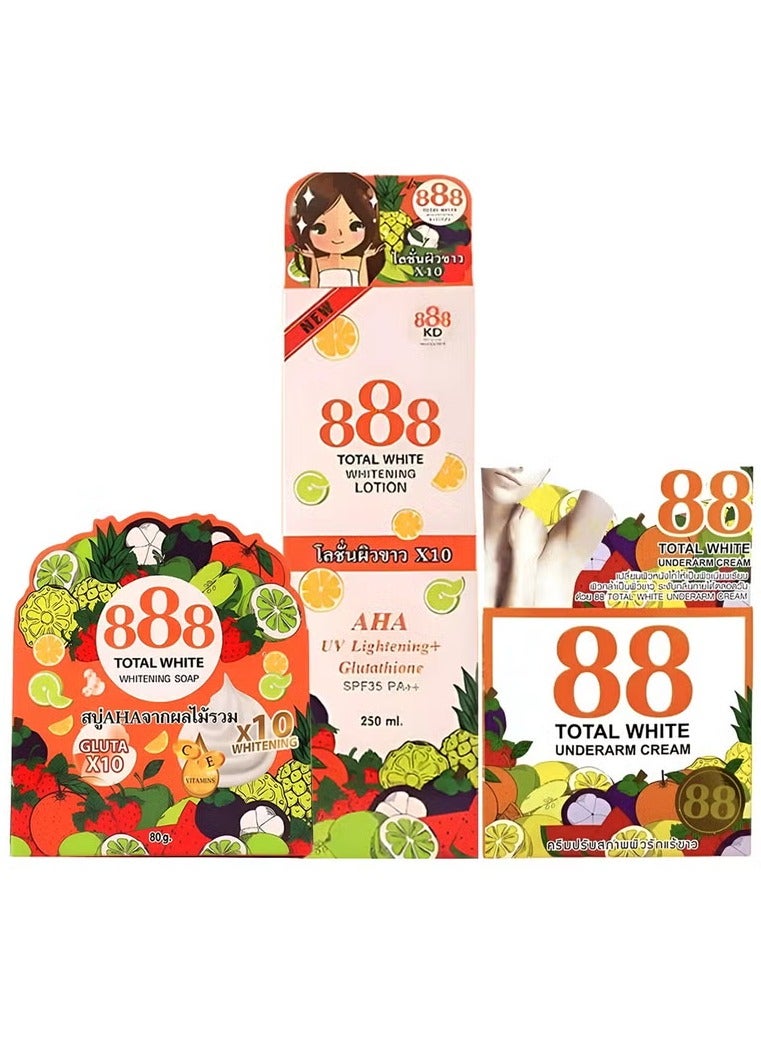888 Total White Complete Whitening Set - Soap (80g) + Underarm Cream (35g)+ Lotion (250ml) with SPF35 PA++
