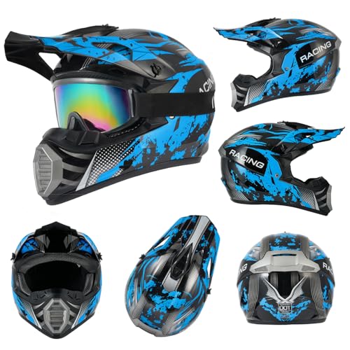 TTMiku Youth Kids Dirt Bike Helmet Motocross ATV Dirtbike BMX MX Go-Kart 4-Wheeler Quad Offroad Motorcycle Helmet Goggles Gloves Mask DOT Certified, Blue Camo, Small - Image 3