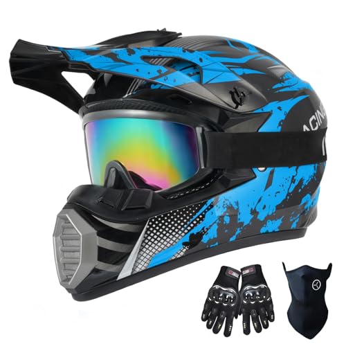 TTMiku Youth Kids Dirt Bike Helmet Motocross ATV Dirtbike BMX MX Go-Kart 4-Wheeler Quad Offroad Motorcycle Helmet Goggles Gloves Mask DOT Certified, Blue Camo, Small - Image 1