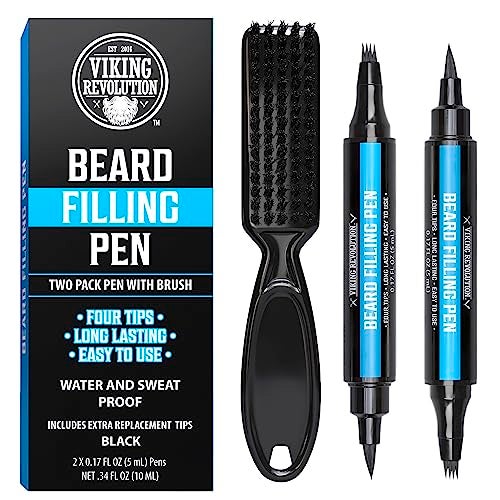 Viking Revolution Beard Pen 2 Pack Black Beard Pencil Filler for Men Lapiz para Barba de Hombre Beard Filler for Men Waterproof Beard Filling Pen Kit Long Lasting Beard Filler Pen with Brush