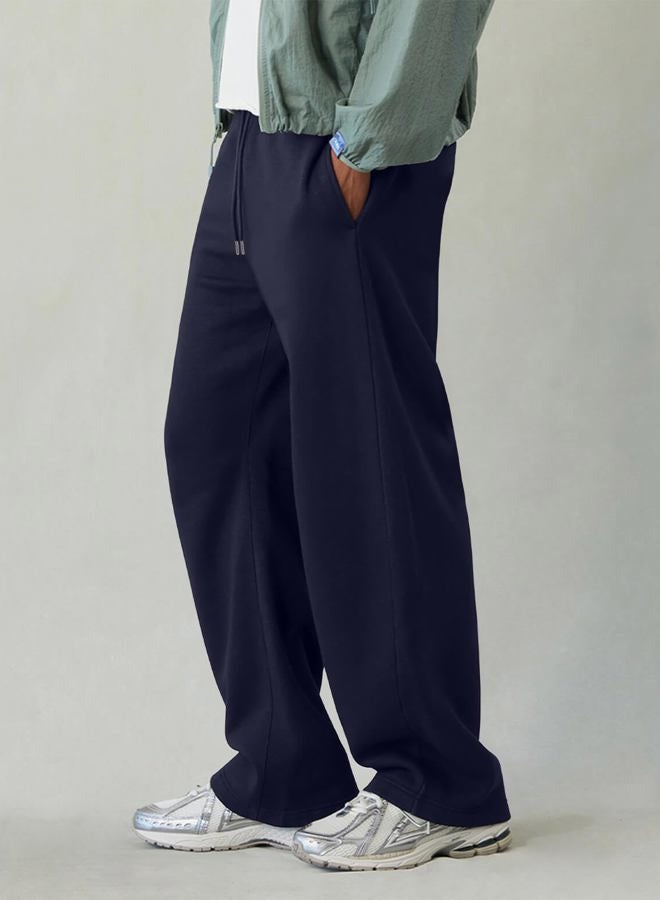 HeSaYep Men's Fleece Baggy Sweatpants Wide Leg Barrel Sweat Pants Lounge Athletic Gym Pants with Pockets, Navy Blue, L - Image 4