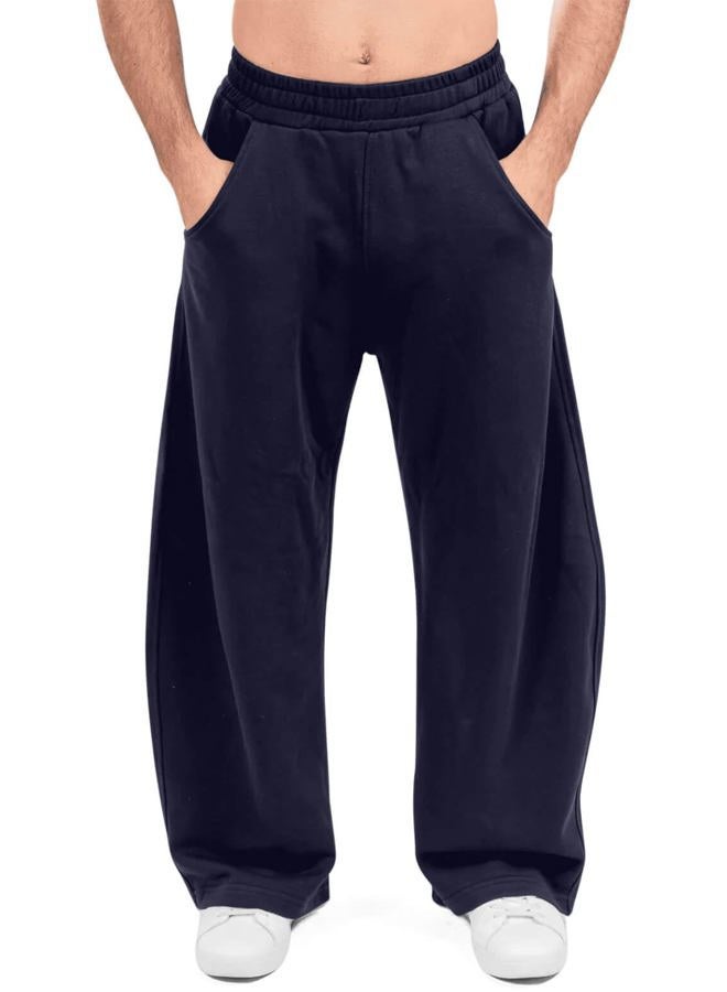 HeSaYep Men's Fleece Baggy Sweatpants Wide Leg Barrel Sweat Pants Lounge Athletic Gym Pants with Pockets, Navy Blue, L - Image 1