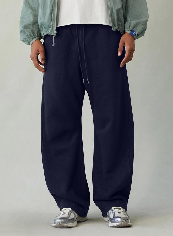 HeSaYep Men's Fleece Baggy Sweatpants Wide Leg Barrel Sweat Pants Lounge Athletic Gym Pants with Pockets, Navy Blue, L - Image 3