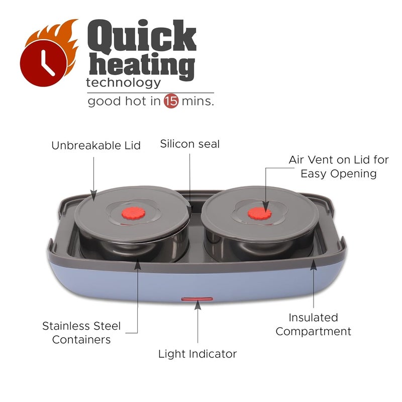 JAYPEE PLUS Hotpot Electric Lunch Box with 2 Removable Stainless Steel Containers 250 ml x2 with Power Cord |Air Vent on Lid |Leakproof Silicon Seal|LED Indicator |Shockproof | Velly Blue - Image 4