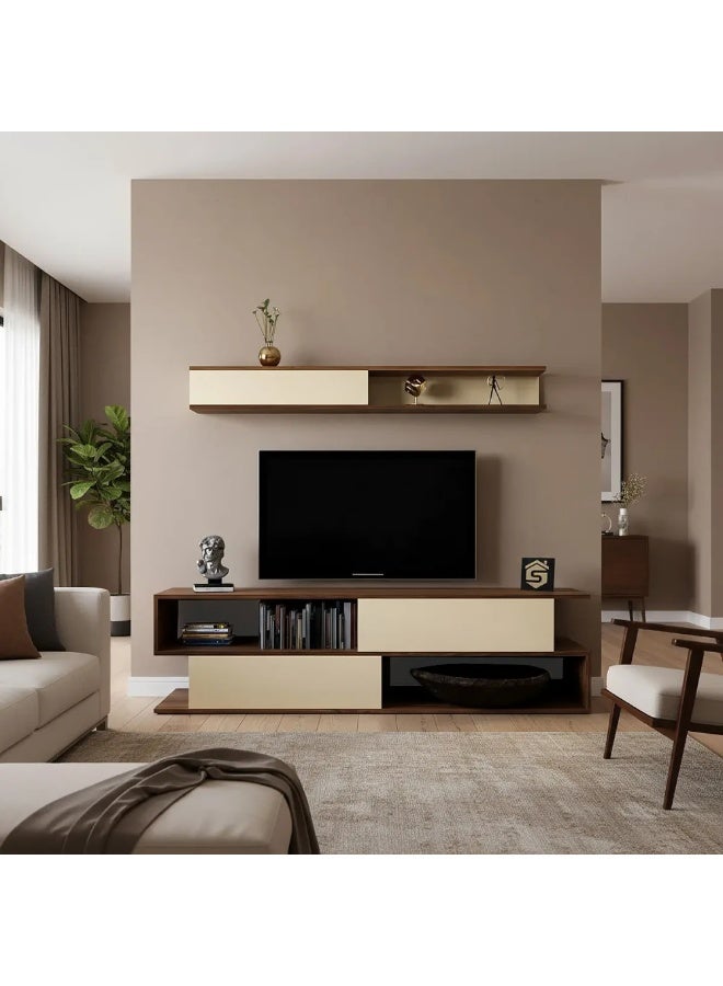Stylish Home A brown and beige wooden TV table - TV26, consisting of two pieces and containing shelves - Image 2