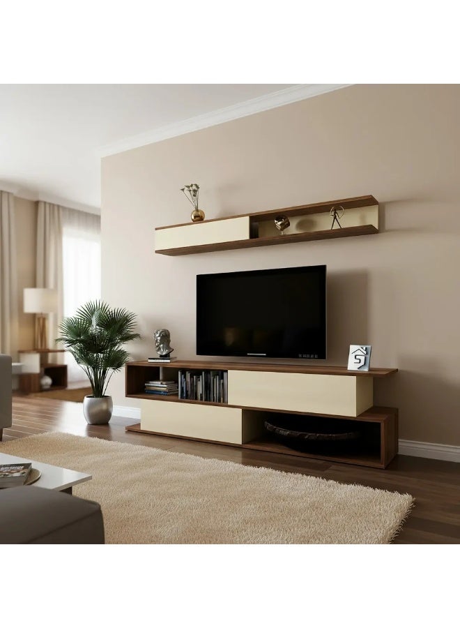 Stylish Home A brown and beige wooden TV table - TV26, consisting of two pieces and containing shelves - Image 3