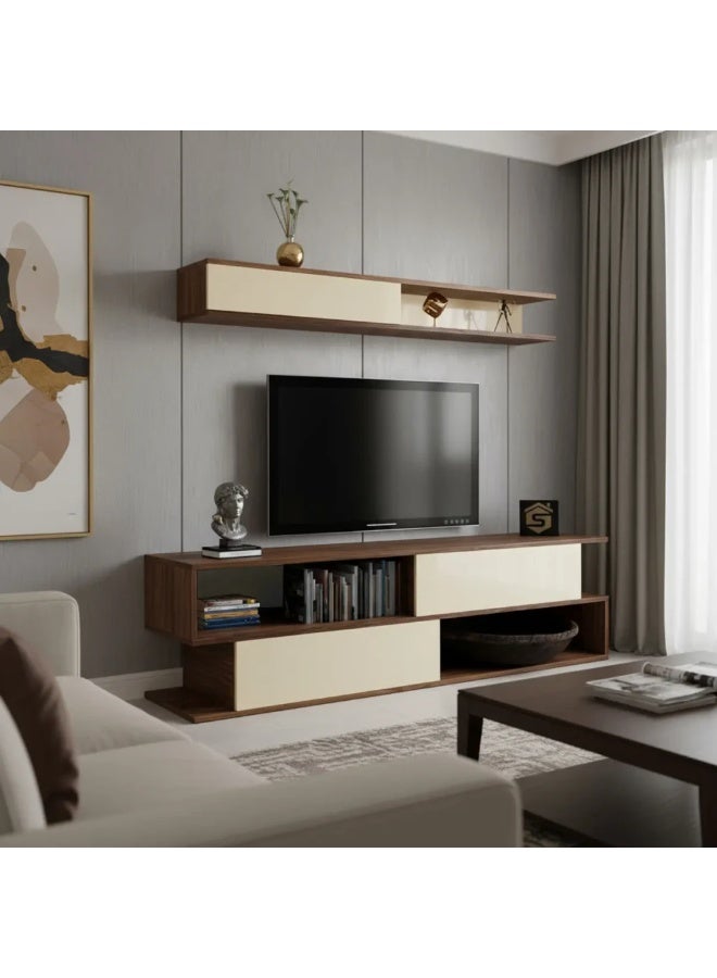 Stylish Home A brown and beige wooden TV table - TV26, consisting of two pieces and containing shelves - Image 4