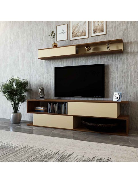 A brown and beige wooden TV table - TV26, consisting of two pieces and containing shelves