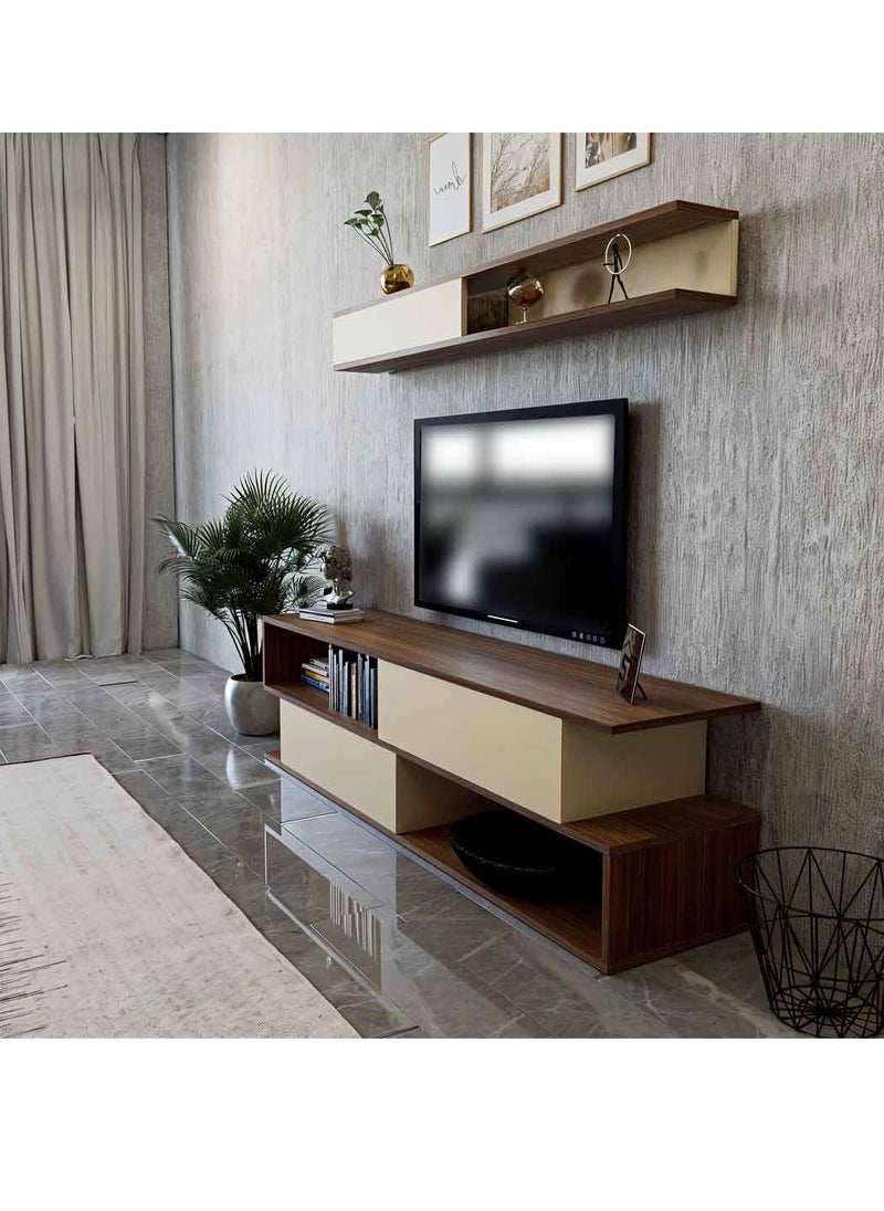 A brown and beige wooden TV table - TV26, consisting of two pieces and containing shelves