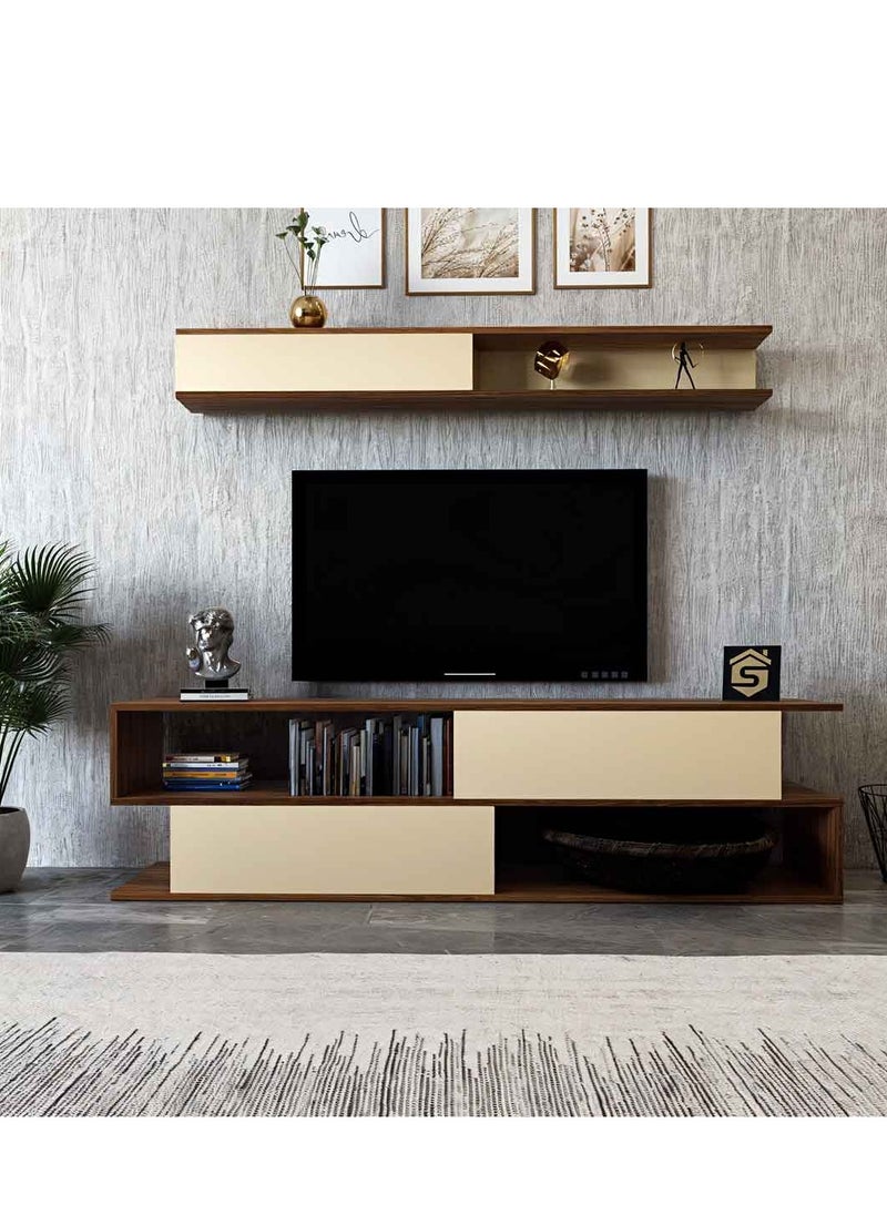 A brown and beige wooden TV table - TV26, consisting of two pieces and containing shelves