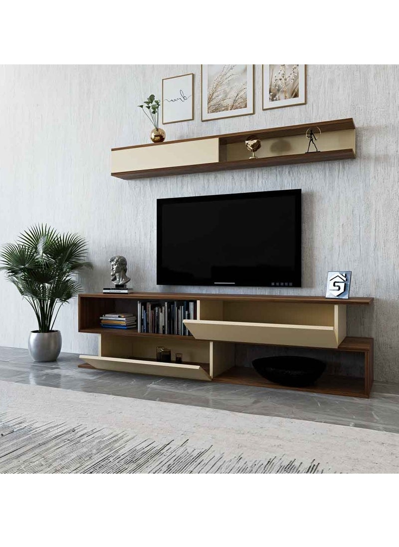 A brown and beige wooden TV table - TV26, consisting of two pieces and containing shelves