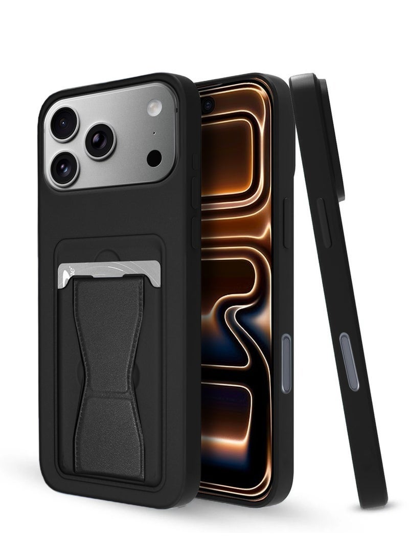 ELTRAZONE iPhone 17 Pro Max 5G 2025 Silicone TPU Case with Card Holder & Hand Grip | Slim Shockproof Wallet Cover with Kickstand Stand & Secure Grip Strap (MCHPSN) - Black - Image 1