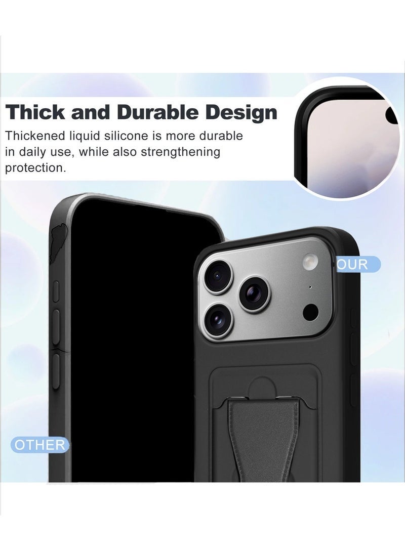 ELTRAZONE iPhone 17 Pro Max 5G 2025 Silicone TPU Case with Card Holder & Hand Grip | Slim Shockproof Wallet Cover with Kickstand Stand & Secure Grip Strap (MCHPSN) - Black - Image 2