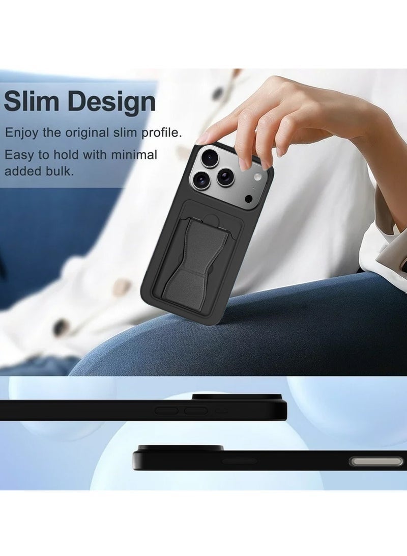 ELTRAZONE iPhone 17 Pro Max 5G 2025 Silicone TPU Case with Card Holder & Hand Grip | Slim Shockproof Wallet Cover with Kickstand Stand & Secure Grip Strap (MCHPSN) - Black - Image 4