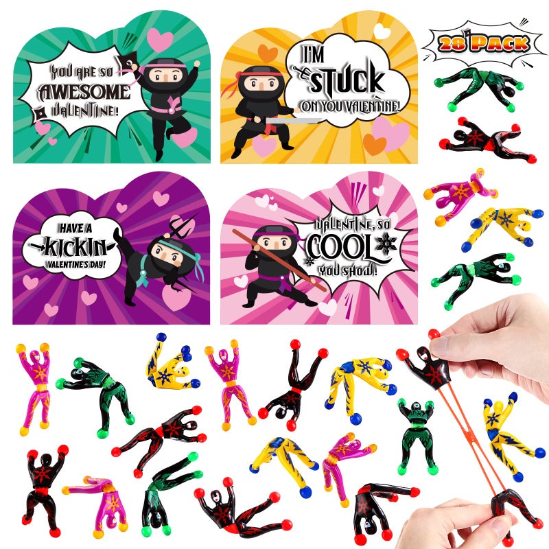 AuroTops Valentines Day Cards for Kids 28 Pack Sticky Wall Climbing Men Ninja with Cute Valentines Cards Wall Climbers Toys for Valentine Party Favors for Boys Girls - Image 3