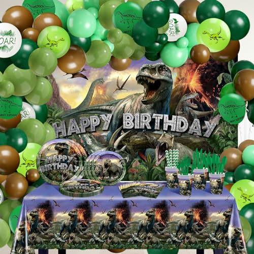 Lecheme Dinosaur Birthday Decorations 280 PCS Dinosaur Birthday Backdrop Plates Napkins Tablecloth Balloons Jurassic Dino Party Supplies Serve 24 - Image 1
