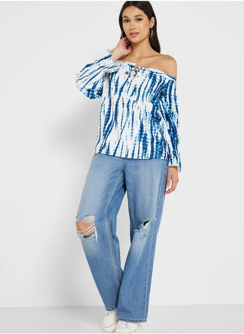Ginger Off Shoulder Tie Dye Print Top