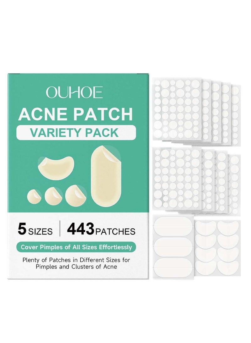 OUHOE 443 Count Pimples Patches in 5 Sizes for Pimples and Clusters of Acne, Hydrocolloid Acne Patch, Acne Stickers for Covering Cheeks, Forehead, Chin Blemishes Zit Breakouts for All Skin Types - Image 1